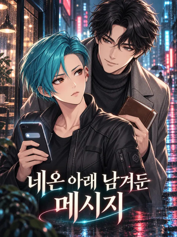 네온이 비치는 거리에서 메시지를 살펴보는 두 인물